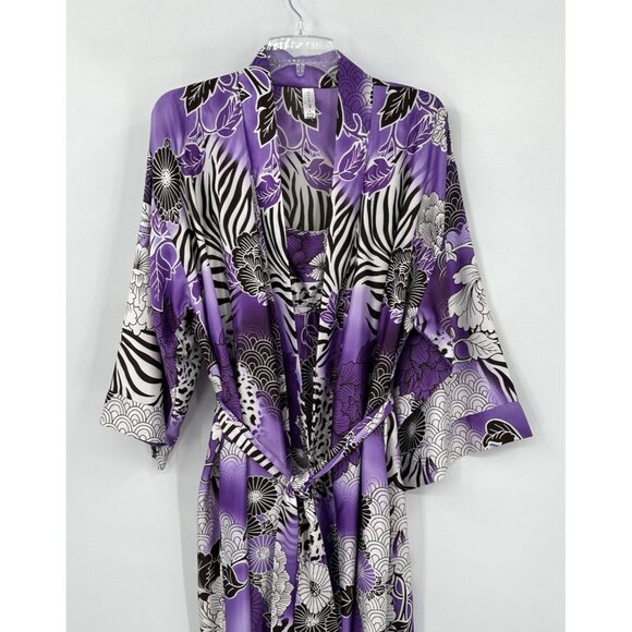 NATORI CRUZ 2 PIECE SET robe slip nightgown satin floral midi kimono purple L - Picture 3 of 13